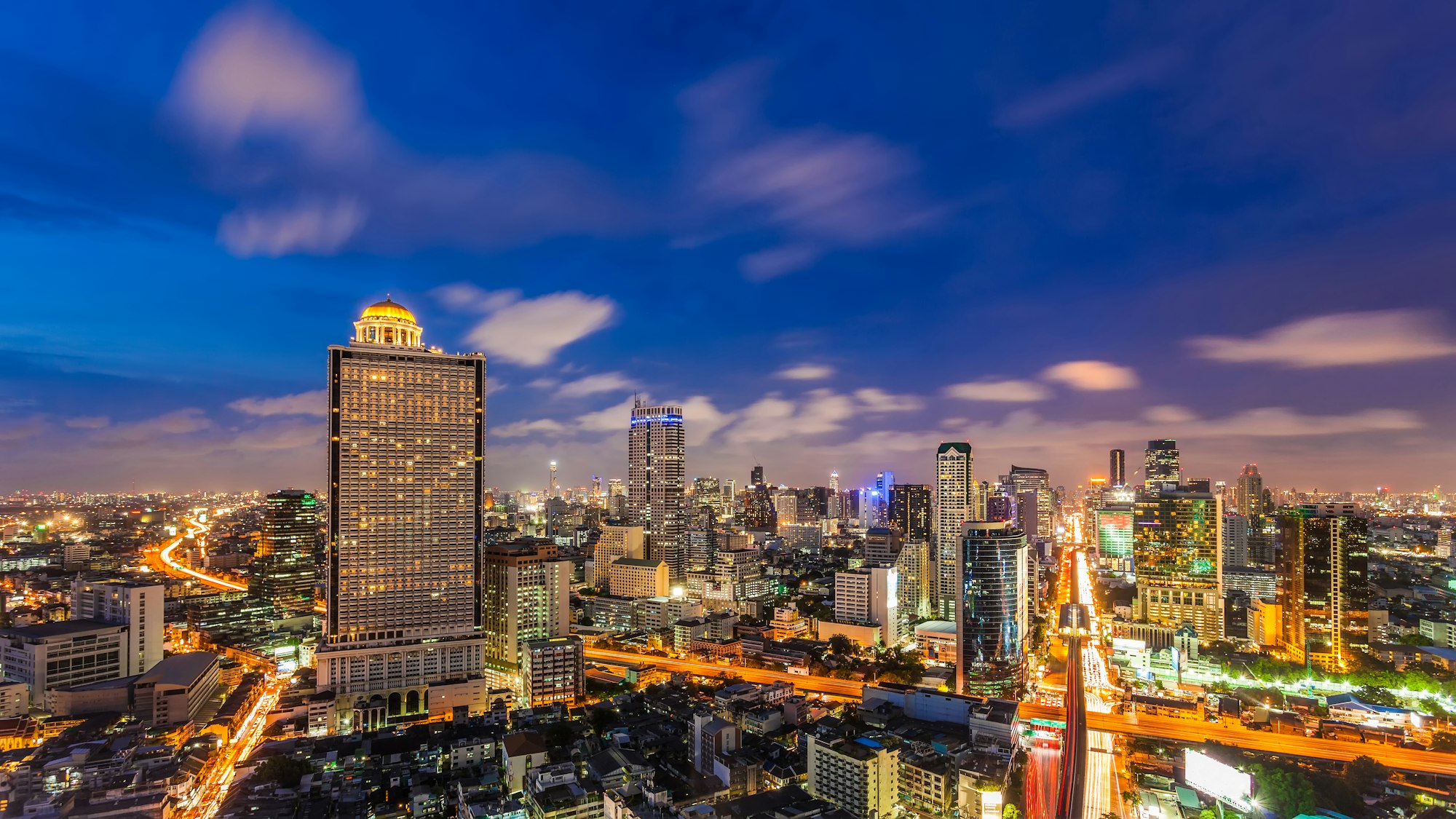 Bangkok cityscape business district with high building at dusk, Bangkok, Thailand.