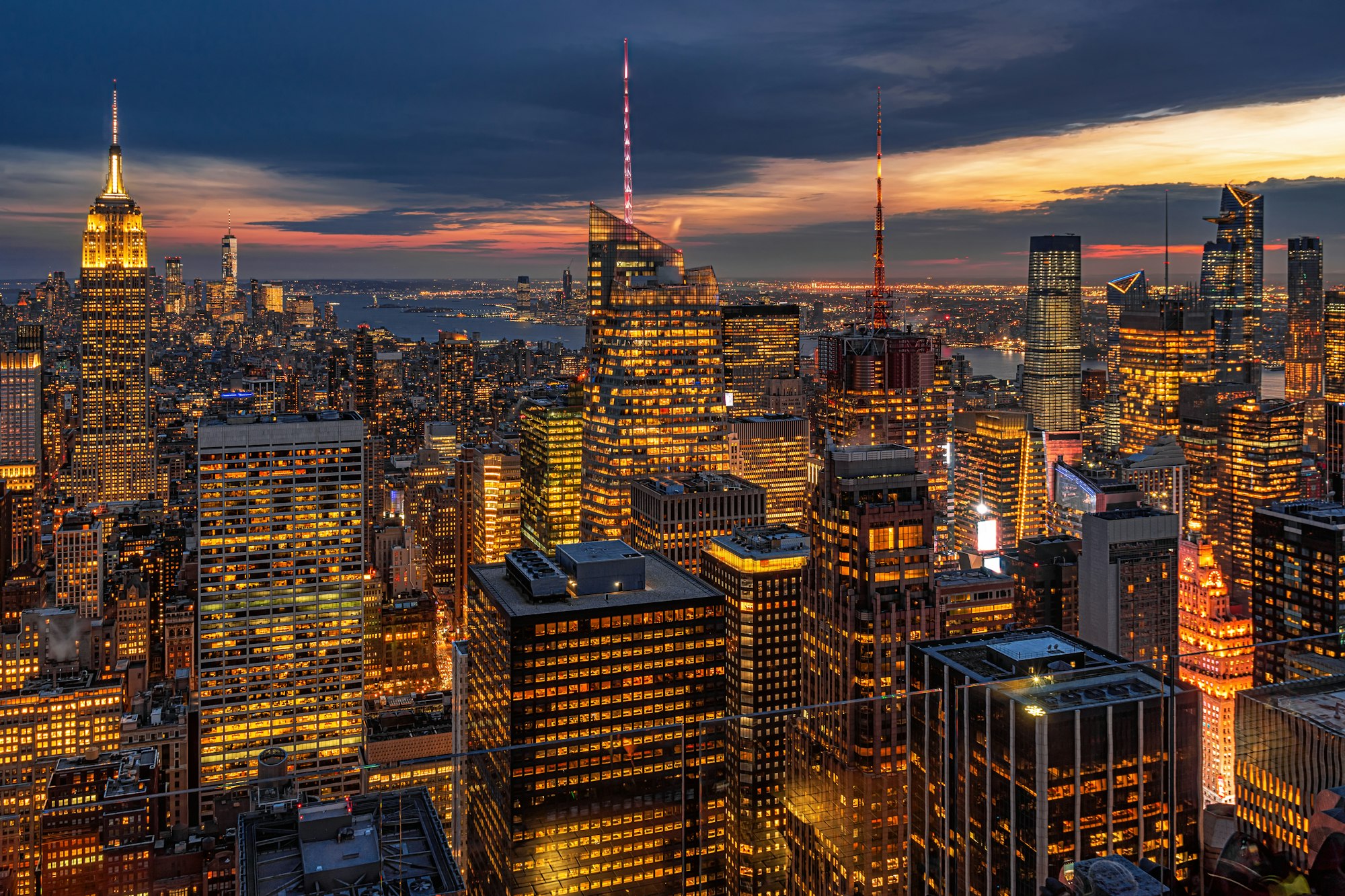 Top Scene of New York City cityscape in lower manhattan at the twilight time, USA downtown skyline