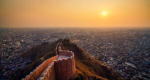 Aerial view of Nahargarh Fort at sunset, Jaipur City, Rajasthan, India