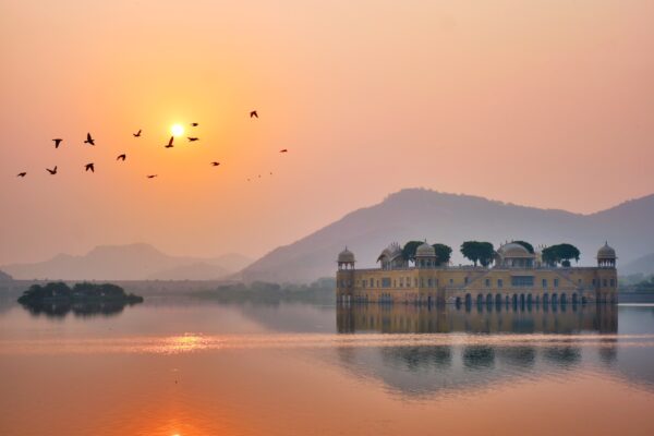 Tranquil morning at Jal Mahal Water Palace at sunrise in Jaipur. Rajasthan, India